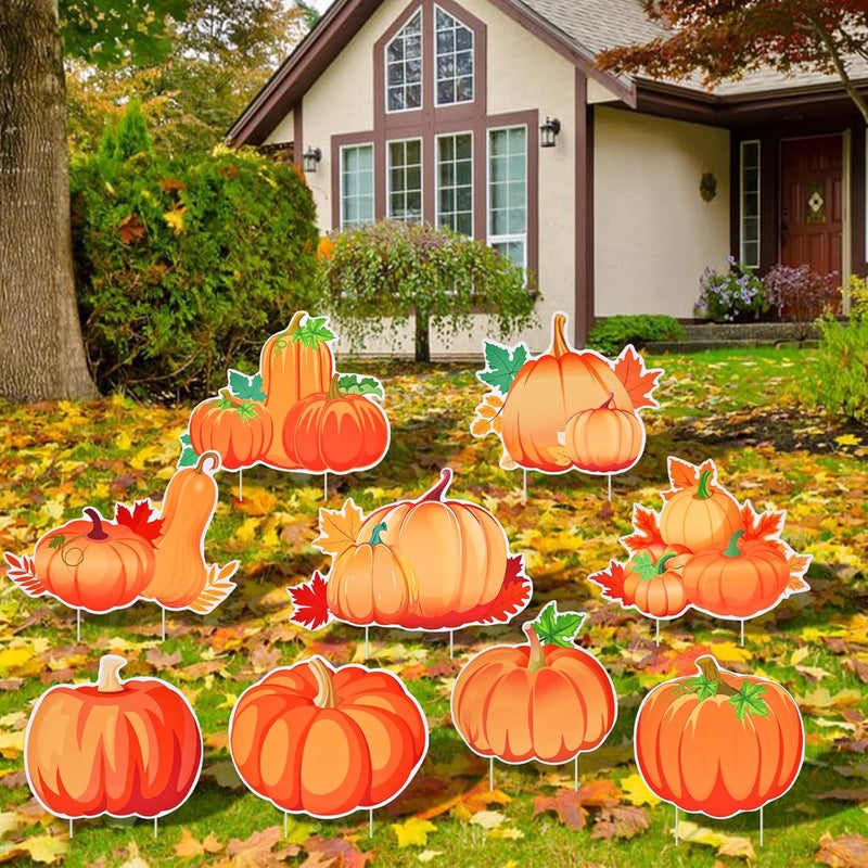 PhyLence 9-Pack Pumpkin Yard Signs with Stakes - 9 Assorted Designs 12 x 9.6 Inches Large Pumpkin Signs for Outdoor Garden and Lawn Decorations for Fall Autumn, Halloween, and Thanksgiving Harvest Party Favor - Image 1